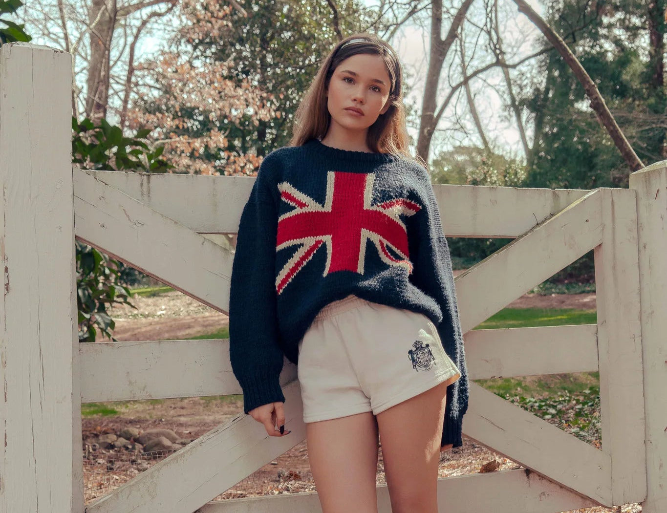 Woman wearing Thorne Estate shorts and sweater