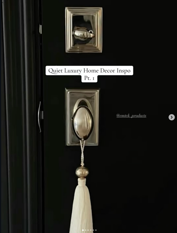 Decorative door handles with tassels on a black background, labeled 'Quiet Luxury Home Decor Inspo Pt. 1' on Thorne Estate Instagram