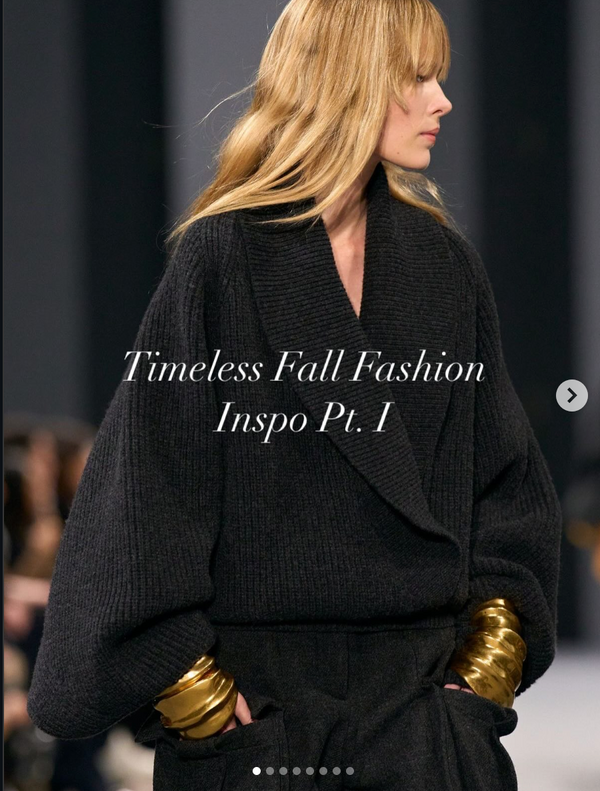 Model wearing a black outfit with gold cuffs at a fashion event, text overlay 'Timeless Fall Fashion Inspo Pt. I'. Throne Estate Instagram